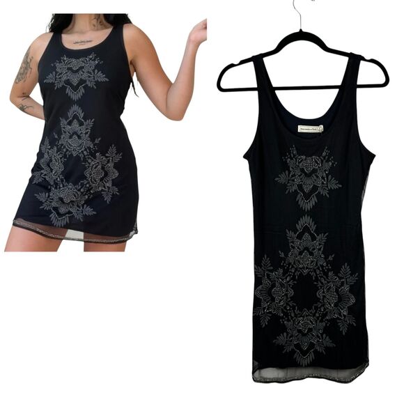 Abercrombie & Fitch Mesh Beaded Black 90s Style Mini Slip Dress Size Small NEW - Picture 1 of 9